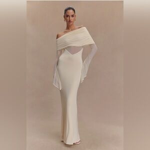 Meshki Cream Off-Shoulder Long Sleeve Gown